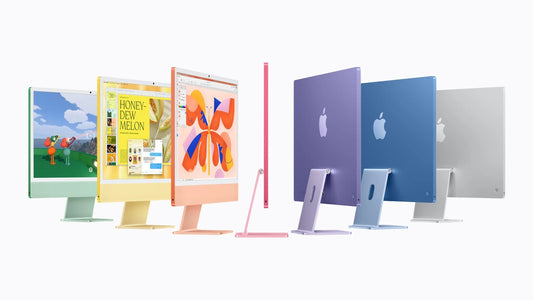 Seven Apple iMac computers in various vibrant colors displayed from front and side views.