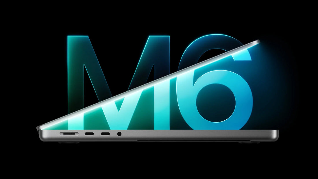 Side view of a sleek laptop with a glowing M6 logo in the background