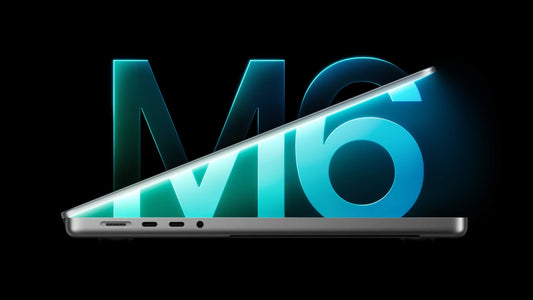 Side view of a sleek laptop with a glowing M6 logo in the background