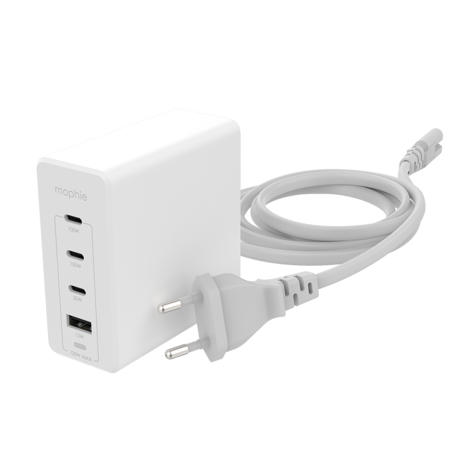 120W GaN nabíječka Mophie 3× USB-C, 1× USB-A PD/HUB - bílá