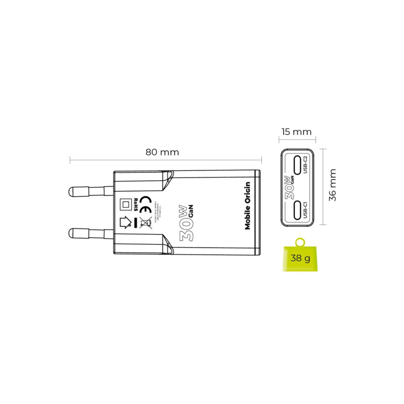 30W adaptér Mobile Origin GaN Slim Charger MO18 - bílý - bonami.click