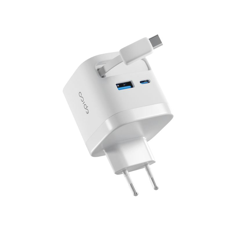 EPICO ULTRABOOST RETRACTABLE GAN 65W SÍŤOVÝ ADAPTÉR EA65C | SE ZABUDOVANÝM KABELEM | BÍLÁ | TŘI VÝSTUPY - bonami.click