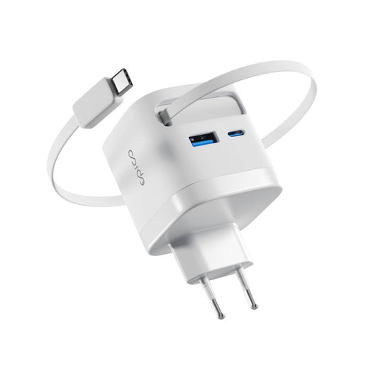 EPICO ULTRABOOST RETRACTABLE GAN 65W SÍŤOVÝ ADAPTÉR EA65C | SE ZABUDOVANÝM KABELEM | BÍLÁ | TŘI VÝSTUPY - bonami.click