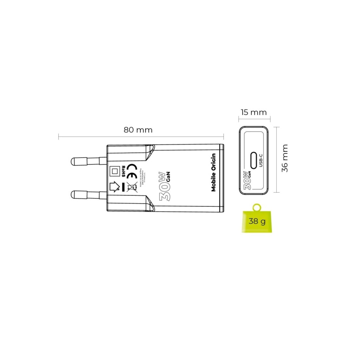 30W adaptér Mobile Origin GaN Slim Charger MO17 - bílý - bonami.click