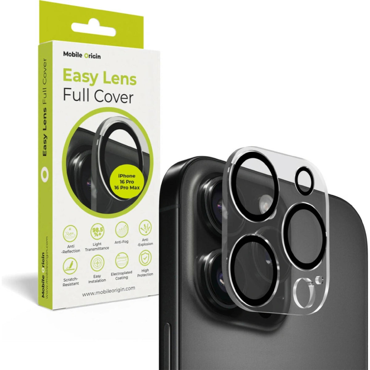 Ochranné sklo na čočky pro pro iPhone 16 Pro / 16 Pro Max Mobile Origin Easy Lens Full Cover - průhledné