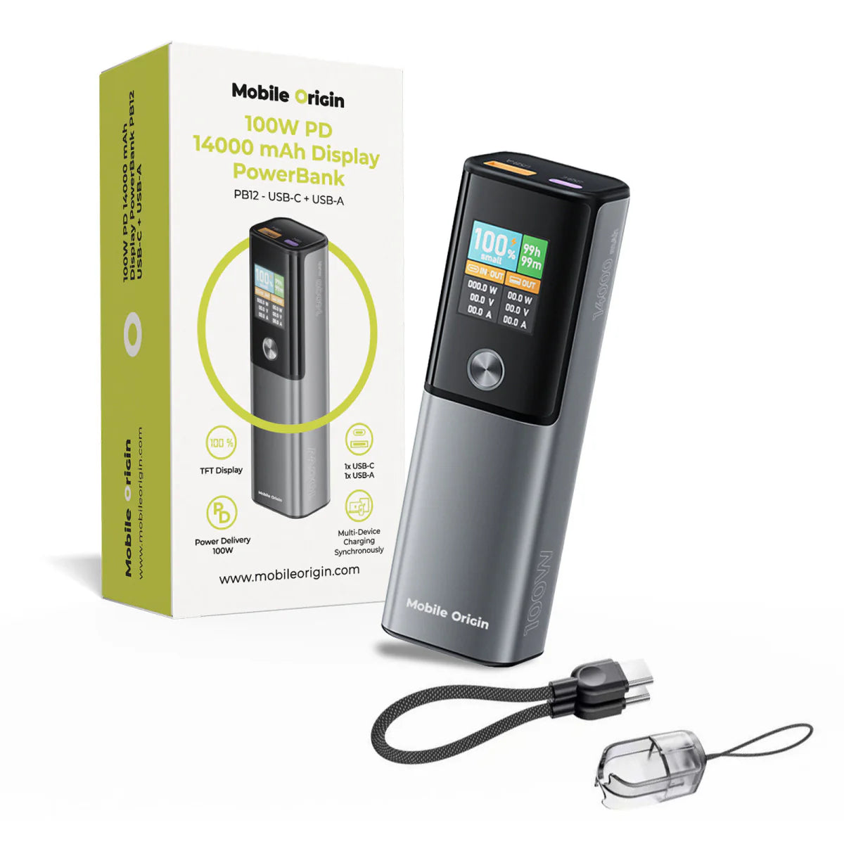 100W PD rychlonabíjecí powerbanka s displejem Mobile Origin PB12 14 000 mAh