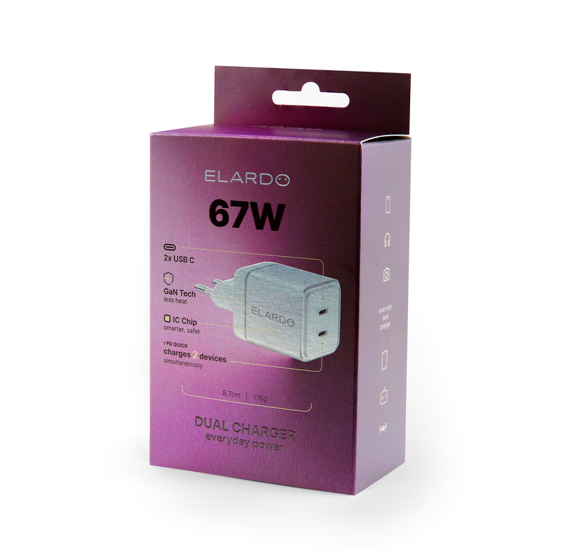 Balení ELARDO Everyday Charger 67W GaN nabíječky s duálním USB-C portem