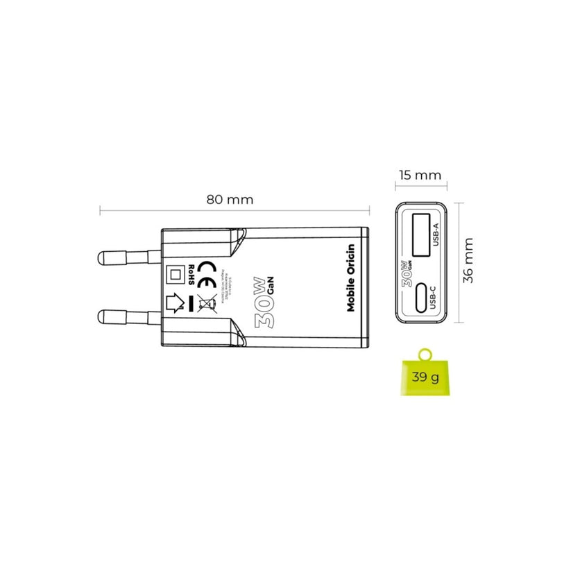 30W adaptér Mobile Origin GaN Slim Charger MO16 - bílý - bonami.click