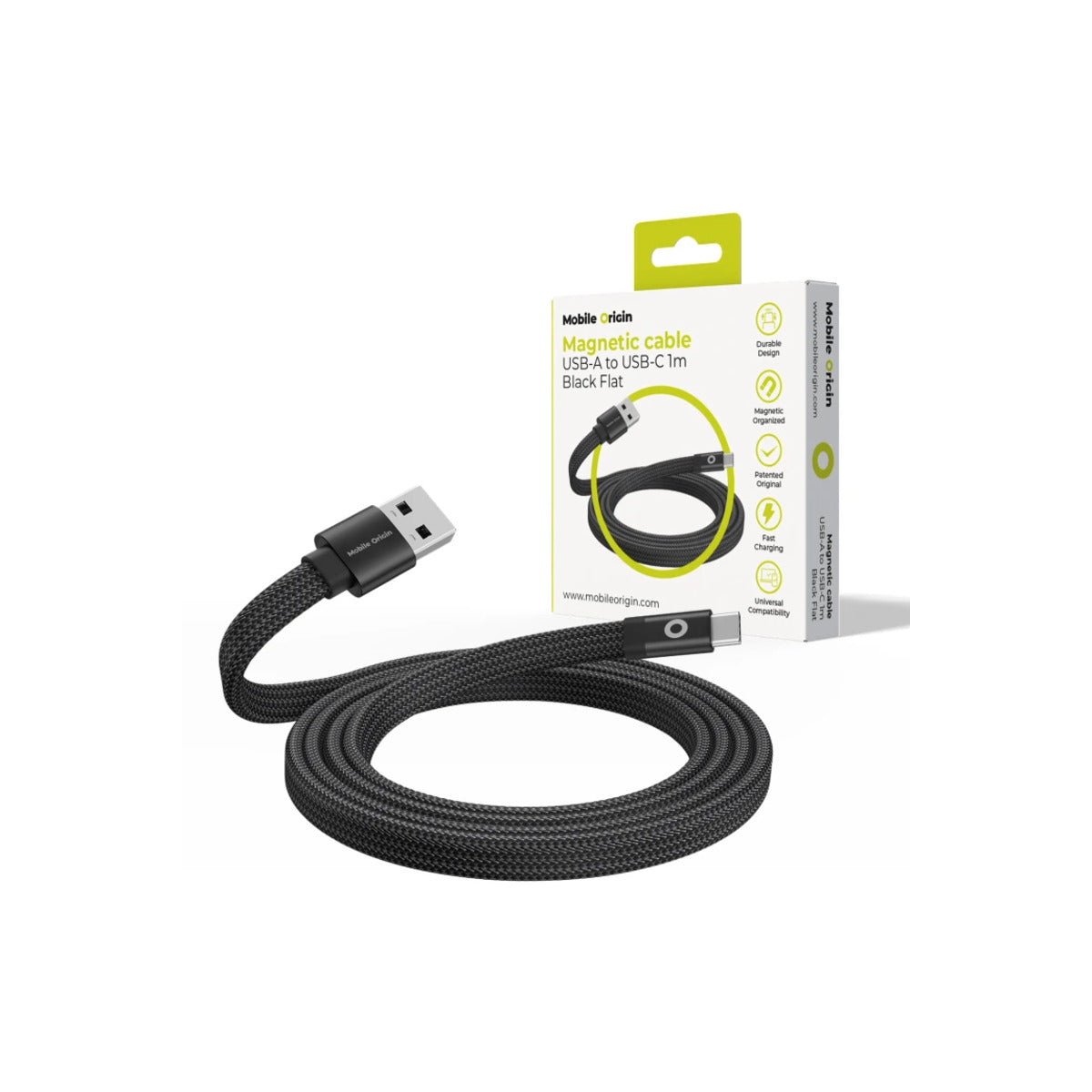 Magnetický 27W nabíjecí kabel Mobile Origin Original Flat Cable USB-A / USB-C 1m - černý - bonami.click