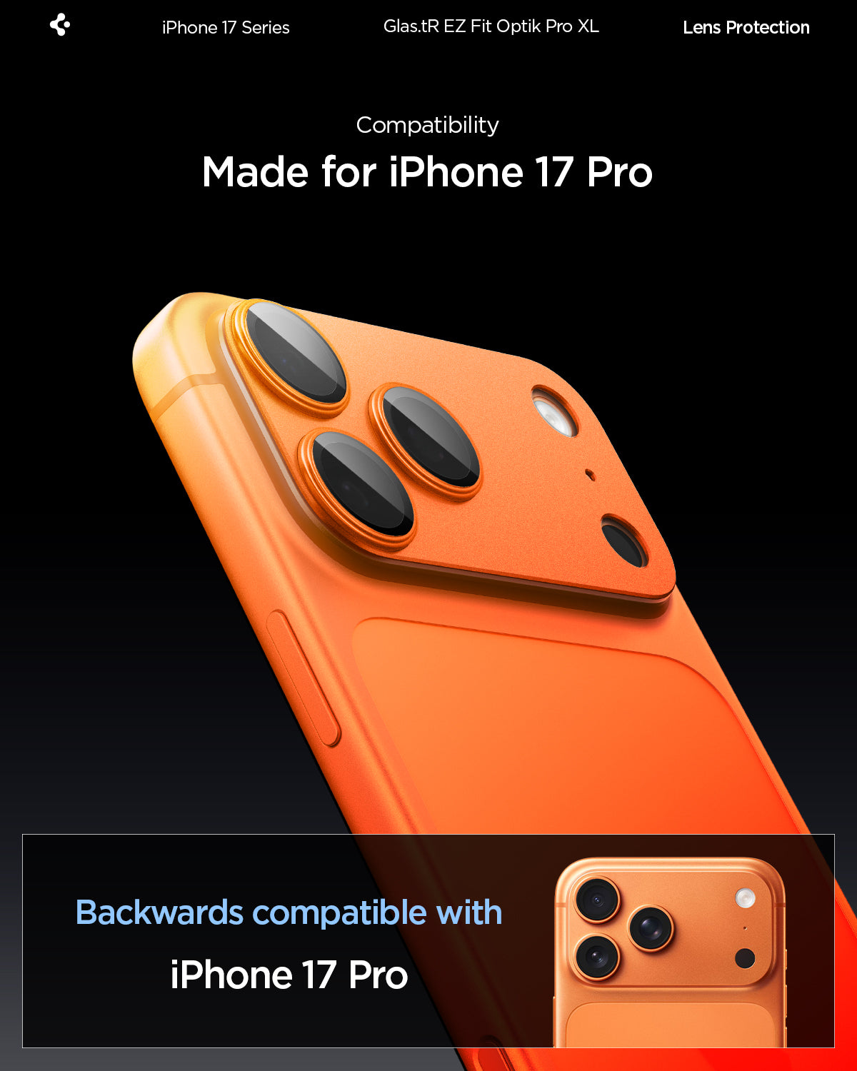 Sklo na fotoaparát pro iPhone 17 Pro Spigen Glass tR EZ Fit Optik Pro XL - oranžové