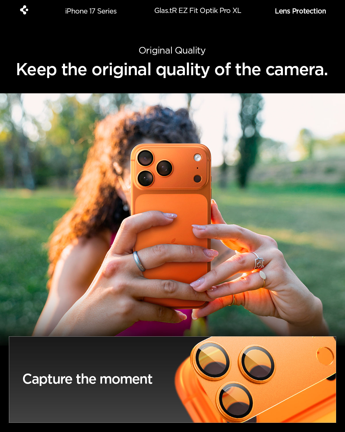 Sklo na fotoaparát pro iPhone 17 Pro Spigen Glass tR EZ Fit Optik Pro XL - oranžové