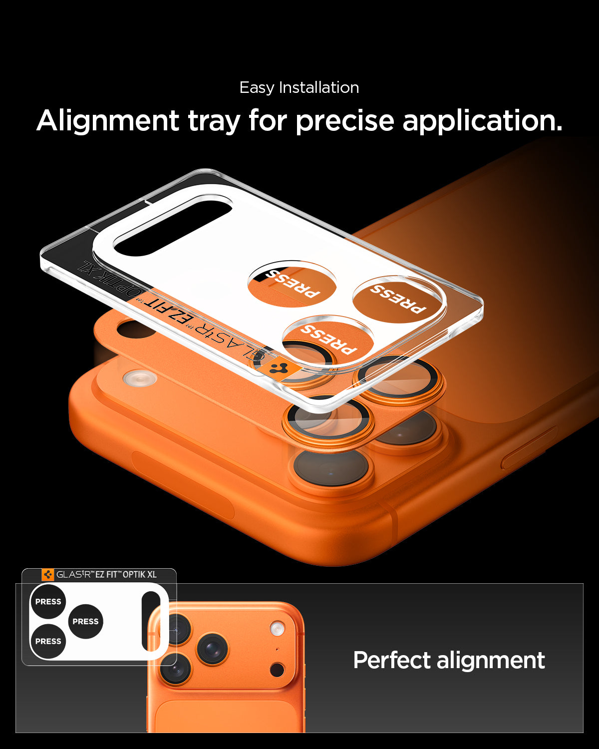 Sklo na fotoaparát pro iPhone 17 Pro Spigen Glass tR EZ Fit Optik Pro XL - oranžové