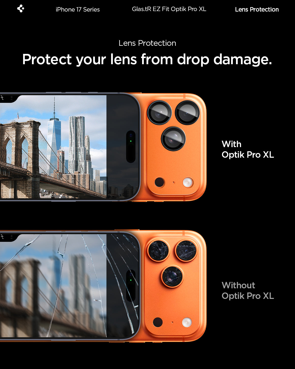 Sklo na fotoaparát pro iPhone 17 Pro Spigen Glass tR EZ Fit Optik Pro XL - oranžové