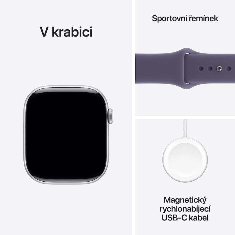 Apple Watch Series 11 GPS 42mm stříbrné hliníkové pouzdro s mlžně fialovým sportovním řemínkem - M/L (otevřený) - bonami.click