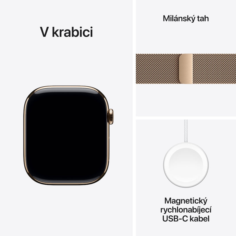 Apple Watch Series 11 GPS + Cellular 46mm zlatě titanové pouzdro se zlatě ocelovým milánským tahem - M/L - bonami.click