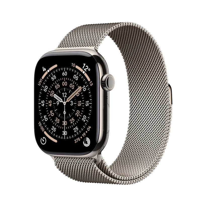 Apple Watch Series 11 GPS + Cellular 42mm přírodní titanové pouzdro s přírodně titanovým milánským tahem (otevřený) - bonami.click
