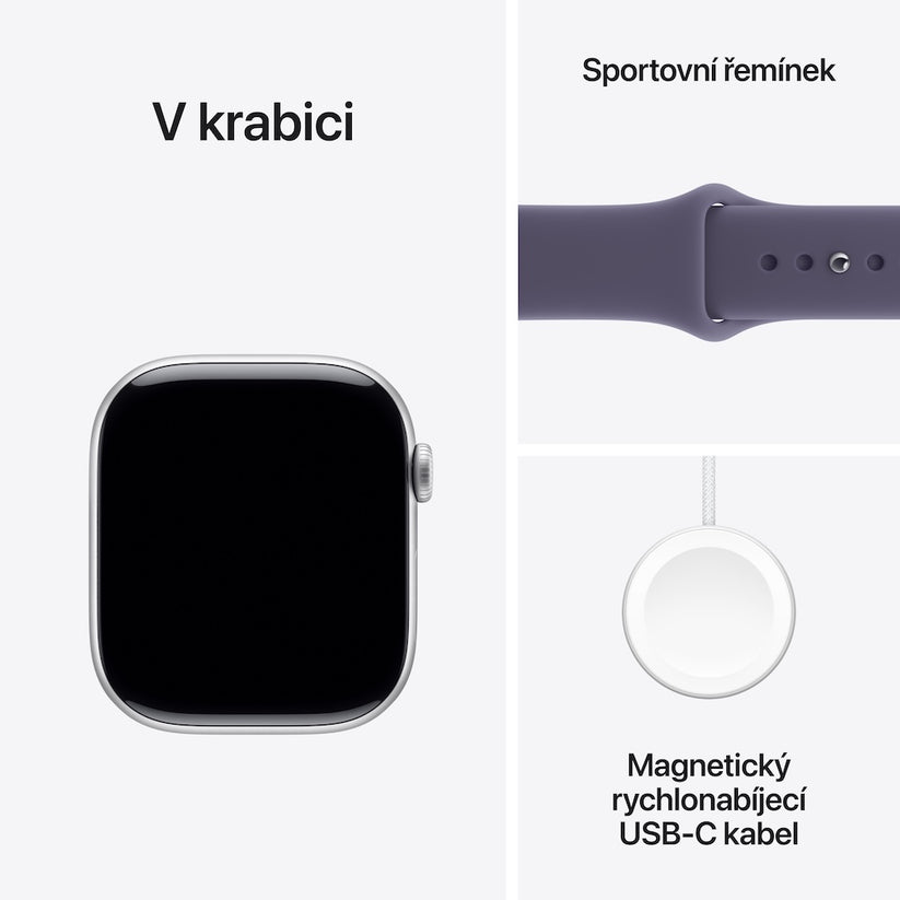 Apple Watch Series 11 GPS + Cellular 46mm stříbrné hliníkové pouzdro s mlžně fialovým sportovním řemínkem - S/M - bonami.click