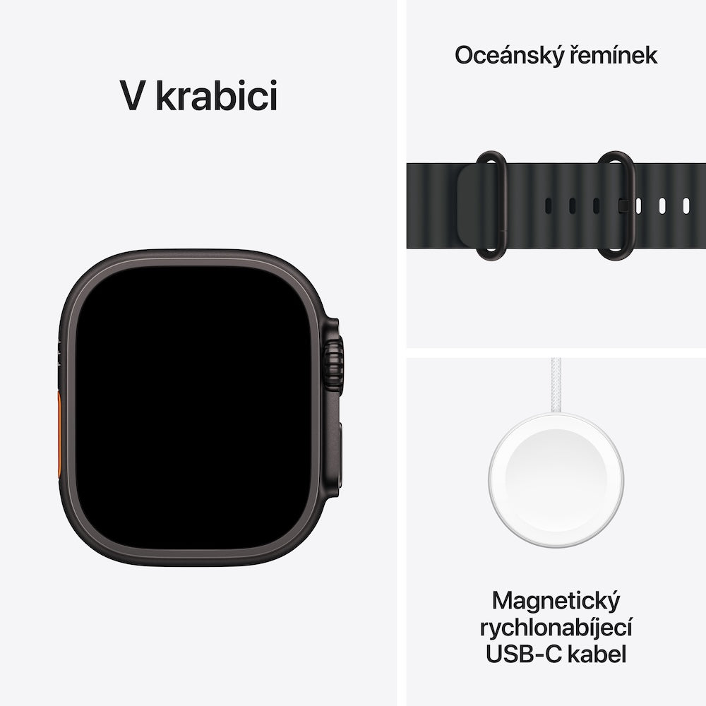 Apple Watch Ultra 3 GPS + Cellular 49mm černě titanové pouzdro s černým oceánským řemínkem (otevřený) - bonami.click