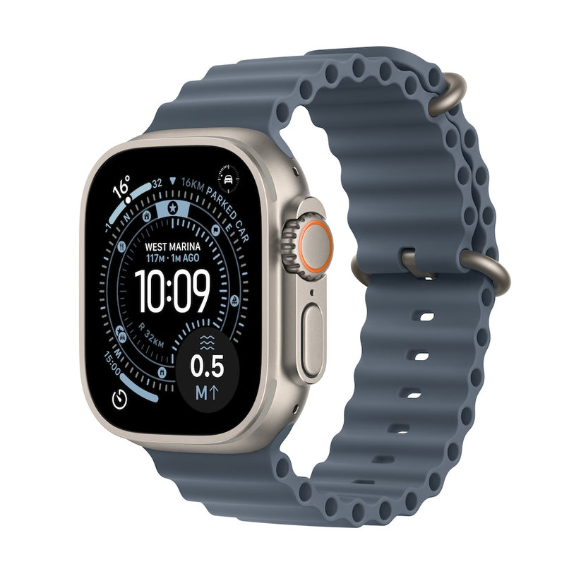 Apple Watch Ultra 3 GPS + Cellular 49mm přírodně titanové pouzdro s ocelově modrým oceánským řemínkem (otevřený) - bonami.click