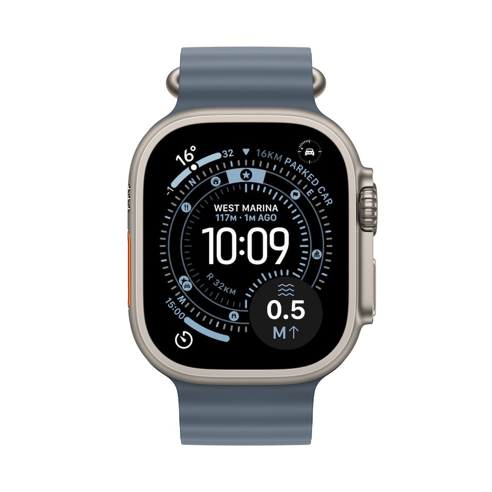 Apple Watch Ultra 3 GPS + Cellular 49mm přírodně titanové pouzdro s ocelově modrým oceánským řemínkem (otevřený) - bonami.click