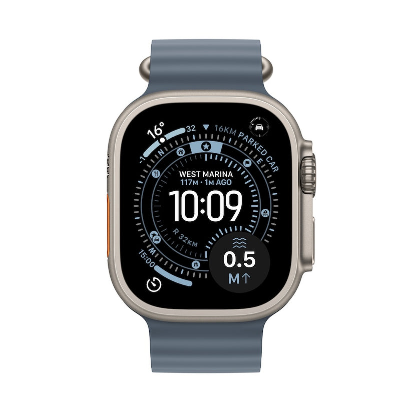 Apple Watch Ultra 3 GPS + Cellular 49mm přírodně titanové pouzdro s ocelově modrým oceánským řemínkem (otevřený) - bonami.click