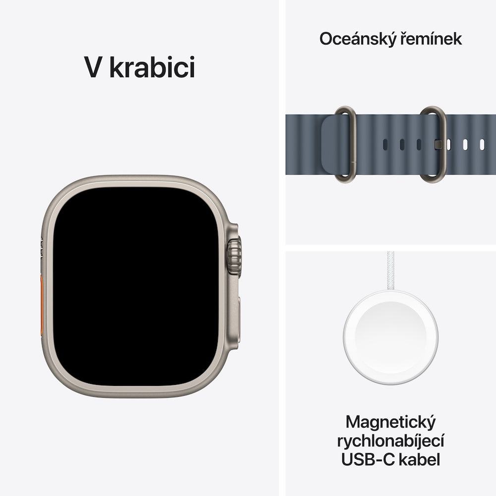 Apple Watch Ultra 3 GPS + Cellular 49mm přírodně titanové pouzdro s ocelově modrým oceánským řemínkem (otevřený) - bonami.click