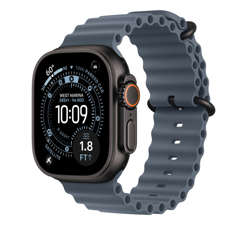 Prodloužení Oceánského řemínku pro Apple Watch 44/45/46/49 mm Apple ocelově modré - provedení z černého titanu - bonami.click