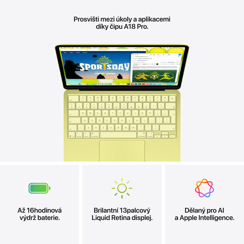 MacBook Neo 13", Apple A18 Pro čip, 6jádrové CPU, 5jádrové GPU, 8 GB, 256GB SSD – citrusově žlutý (otevřený) - bonami.click