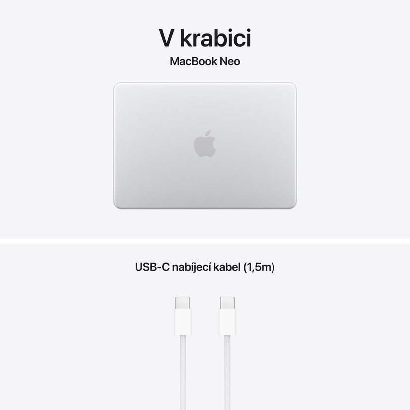 MacBook Neo 13", Apple A18 Pro čip, 6jádrové CPU, 5jádrové GPU, 8 GB, 512GB SSD, Touch ID – stříbrný (otevřený) - bonami.click