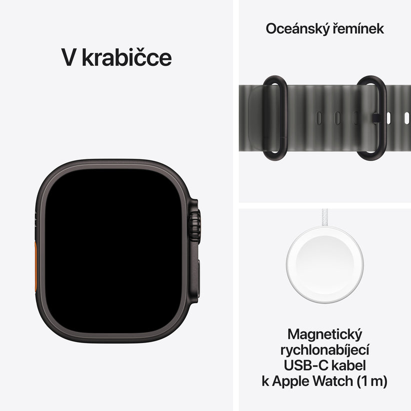 Apple Watch Ultra 4 • GPS + Cellular • 49mm pouzdro z černého titanu • Průsvitně černý Oceánský řemínek - bonami.click