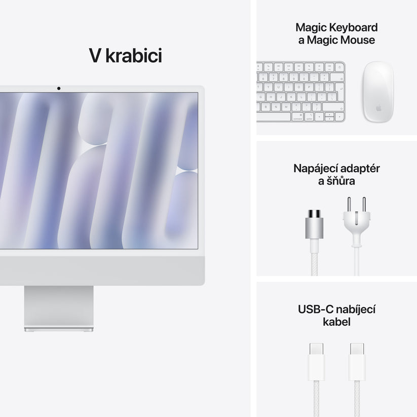 24palcový iMac s Retina 4,5K displejem: Čip Apple M6 s 10 jádrovým CPU a 10 jádrovým GPU, Standardní sklo, 16GB ,256 GB SSD - stříbrný - bonami.click