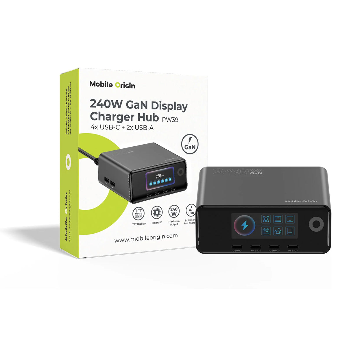 Nabíjecí stanice Mobile Origin GaN nabíjecí hub s displejem 240W PW39