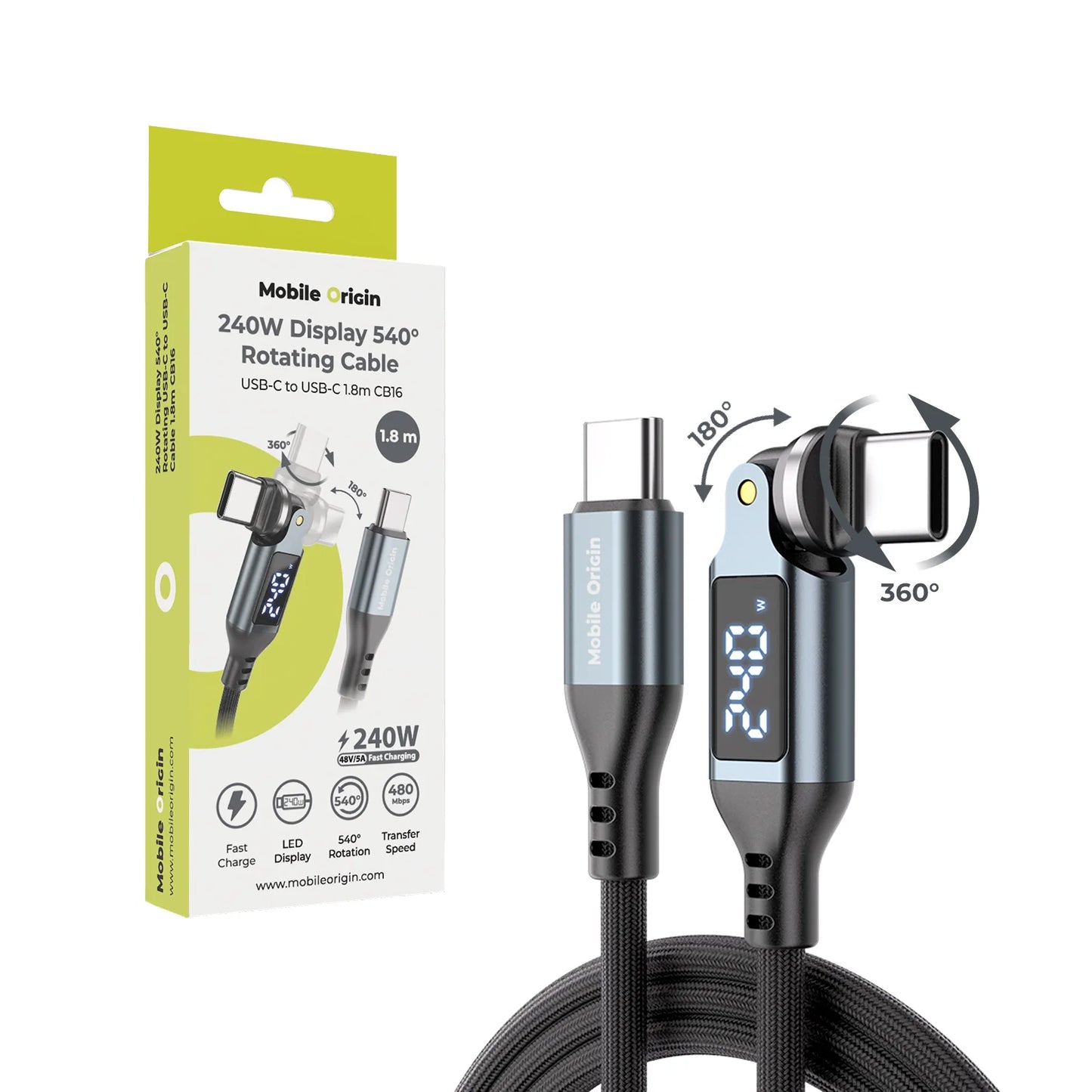 Kabel Mobile Origin Otočný USB-C kabel s displejem 540° 240 W (1,8m)