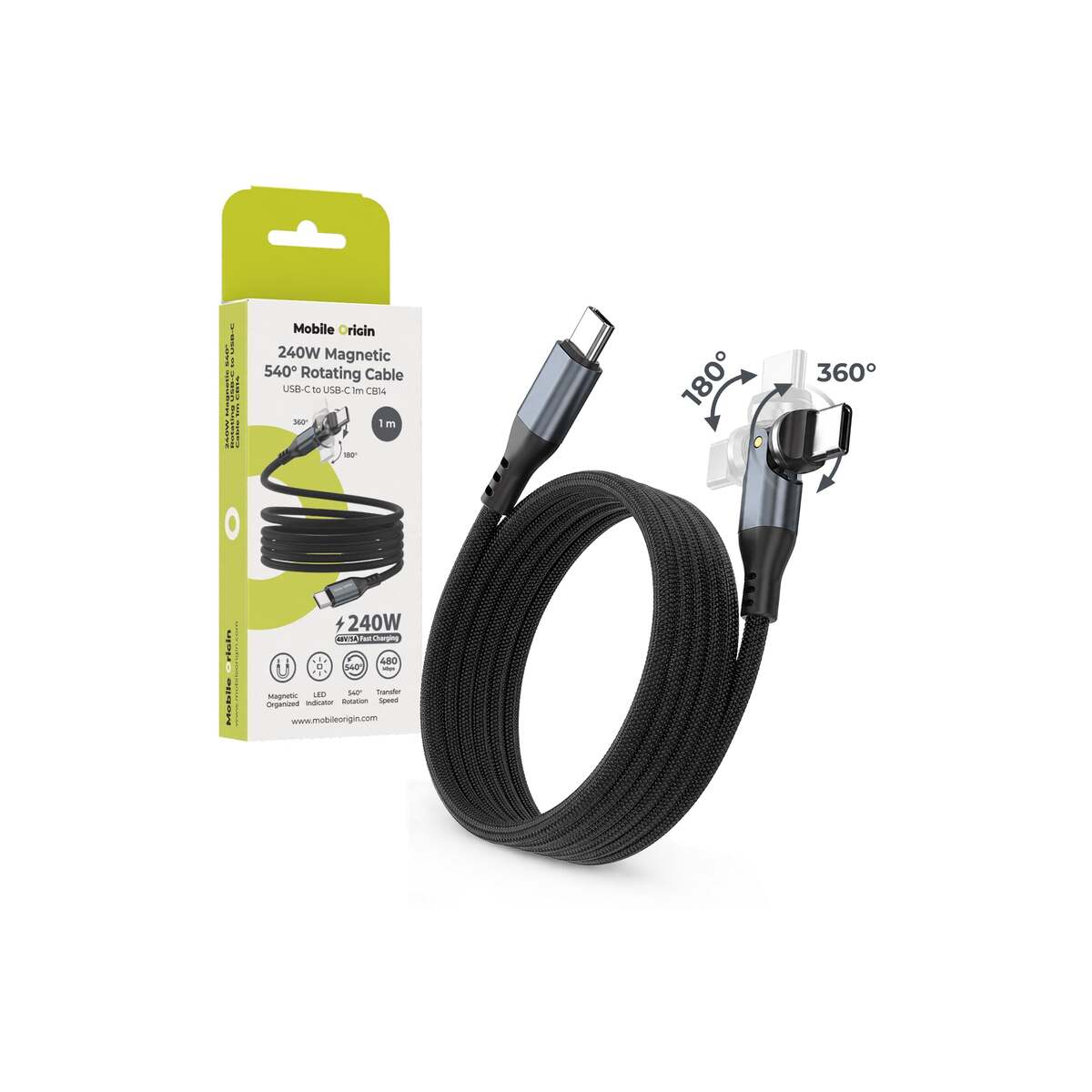 Magnetický otočný USB-C / USB-C kabel Mobile Origin CB14 240 W, 1 m – vesmírně šedý