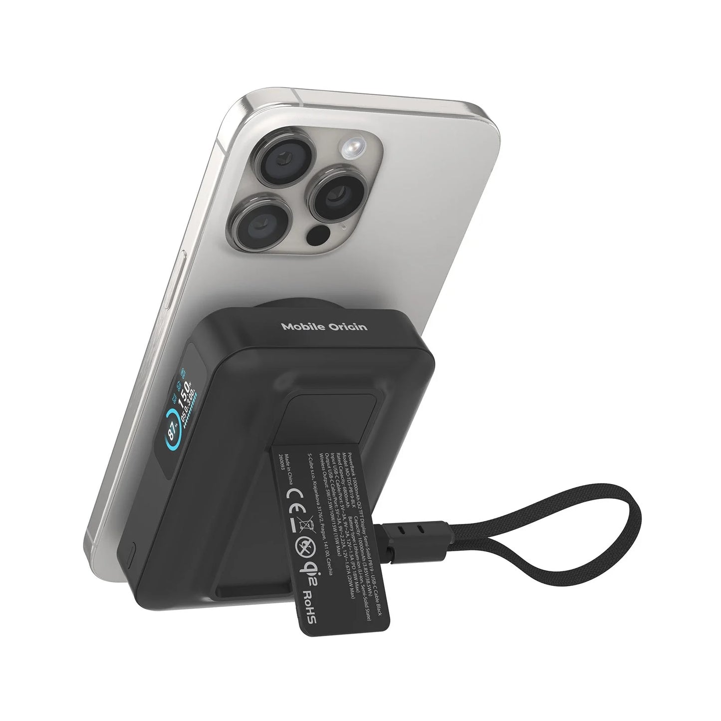 Powerbanka Mobile Origin s displejem Semi-solid PB19 10000mah Qi2 + USB-C kabel - černá