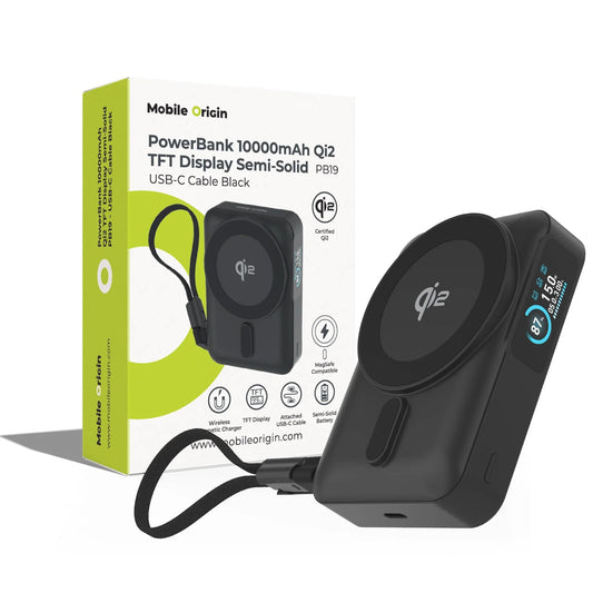 Powerbanka Mobile Origin s displejem Semi-solid PB19 10000mah Qi2 + USB-C kabel - černá