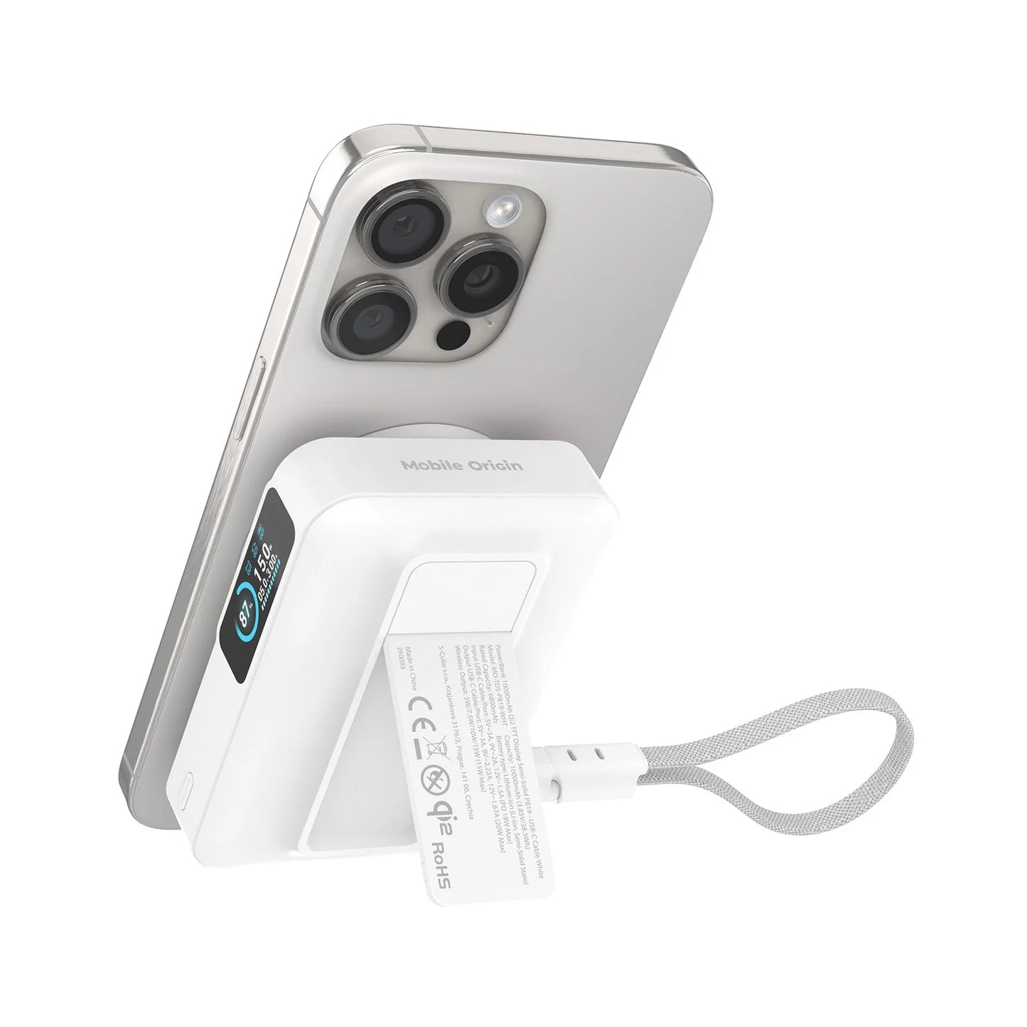 Powerbanka Mobile Origin s displejem Semi-solid PB19 10000mah Qi2 + USB-C kabel - bílá