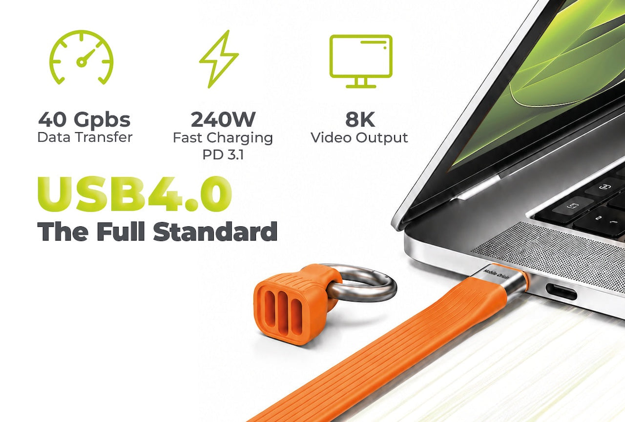 USB-C kabel s karabinou Mobile Origin CB17 240 W, 40 Gb/s, 8K – oranžový