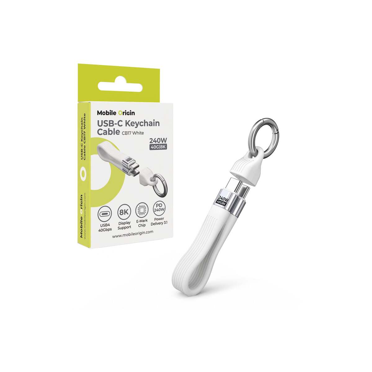 USB-C kabel s karabinou Mobile Origin CB17 240 W, 40 Gb/s, 8K – bílý