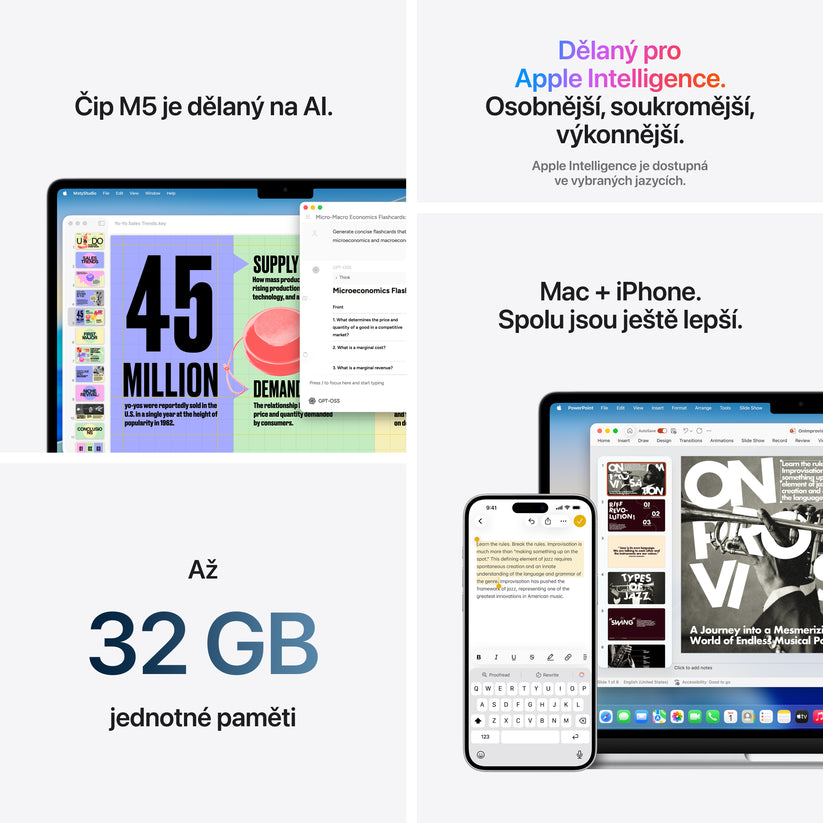 MacBook Air 13,6", Apple M5 10jádrové CPU, 10jádrové GPU, 24GB, 1TB SSD – stříbrný
