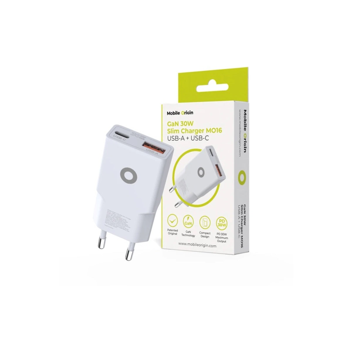 30W adaptér Mobile Origin GaN Slim Charger MO16 - bílý - bonami.click