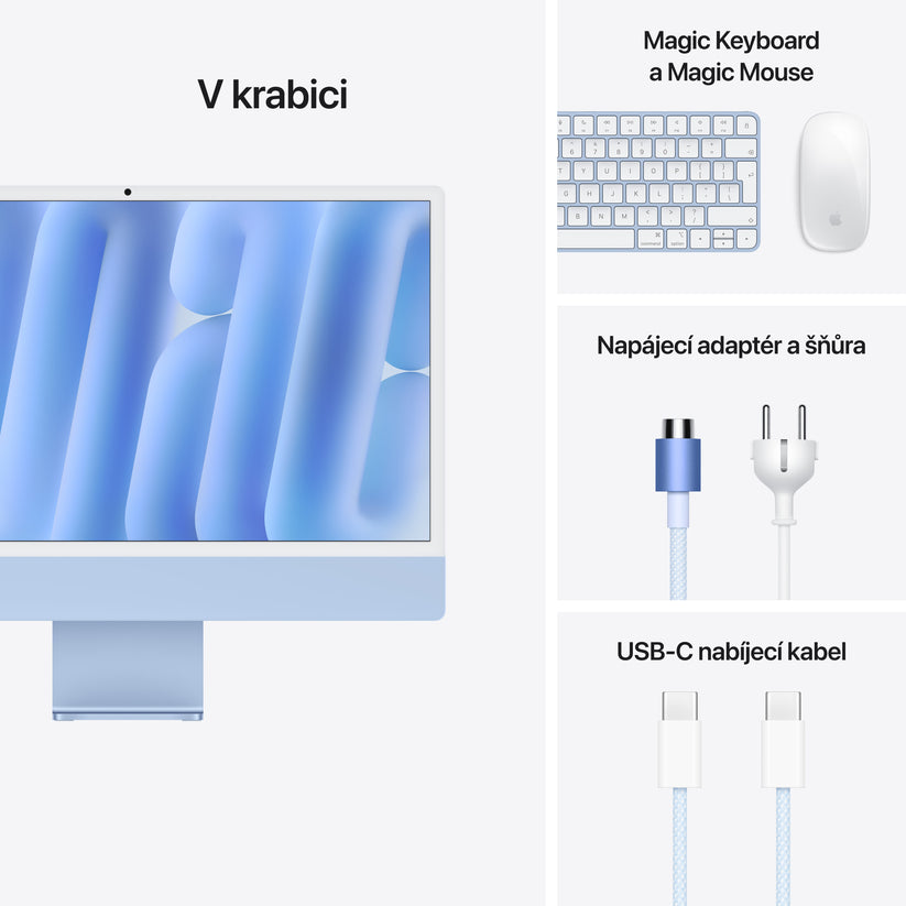 iMac 24“ 4.5K displej, Apple M4 10jádrové CPU, 10jádrové GPU, 16GB, 512GB SSD, CZ - modrý