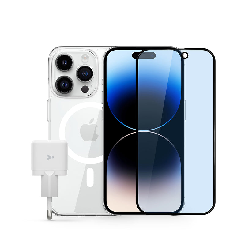 Základní balíček k iPhone 14 Pro (sklo na displej, ochranný kryt, 20W adaptér) - bonami.click
