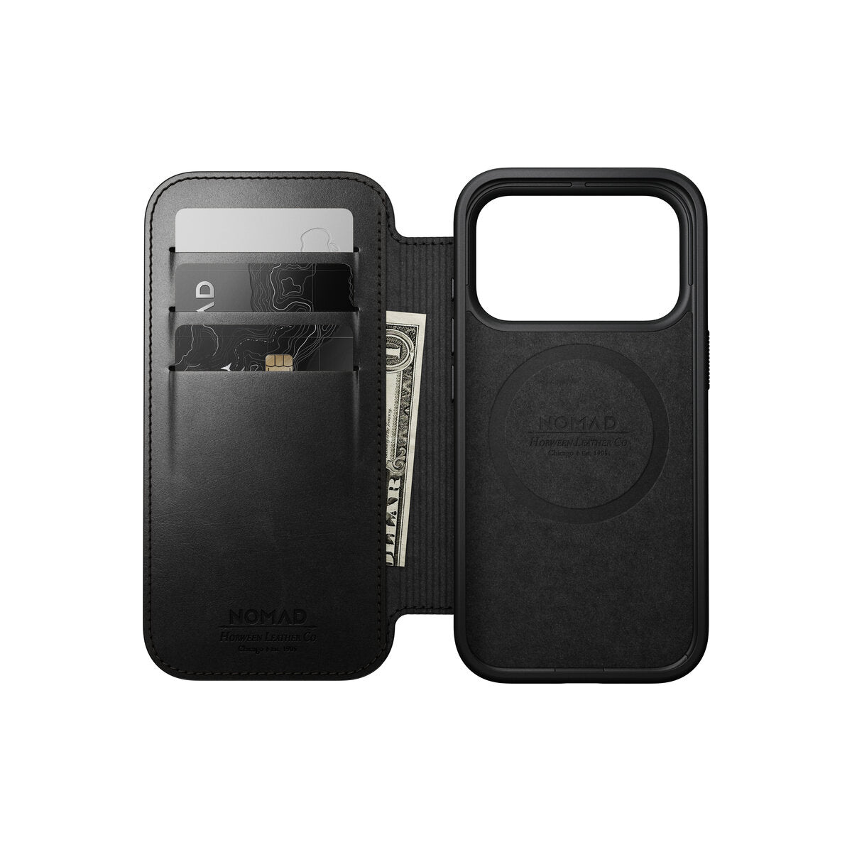 Kožené flipové pouzdro pro iPhone 18 Pro/17 Pro Nomad Modern Leather Folio Horween - černá