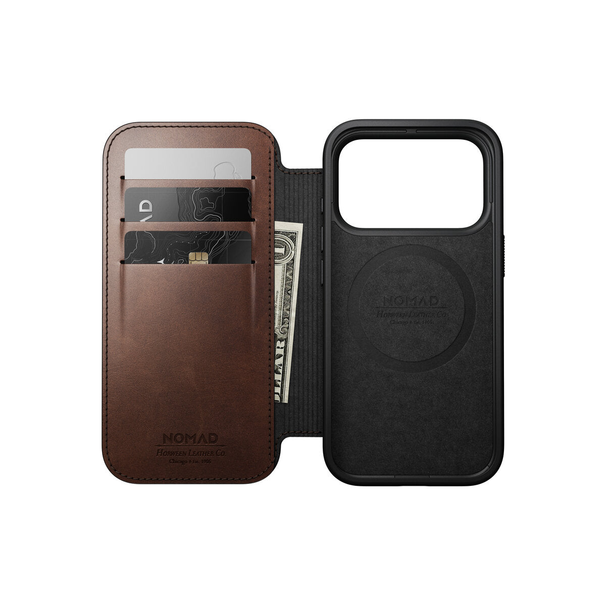 Kožené flipové pouzdro pro iPhone 18 Pro/17 Pro Nomad Modern Leather Folio Horween - rustic brown (tmavě hnědá)