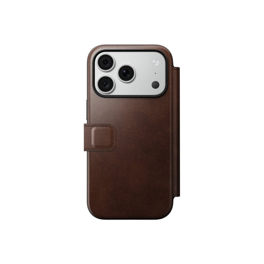 Kožené flipové pouzdro pro iPhone 18 Pro/17 Pro Nomad Modern Leather Folio Horween - rustic brown (tmavě hnědá)
