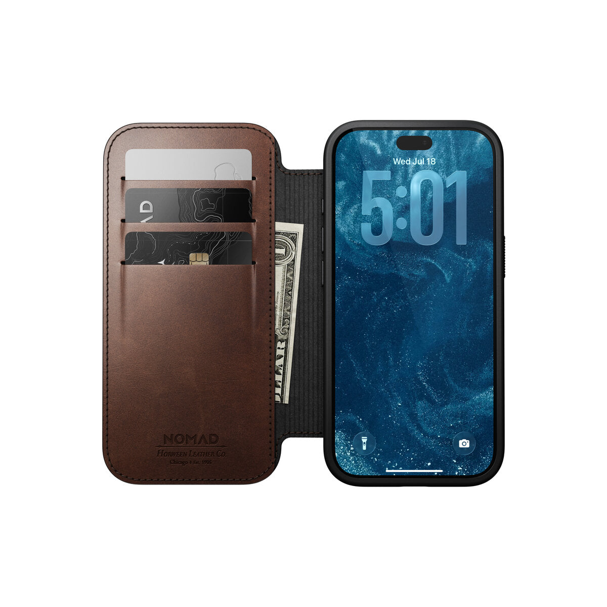 Kožené flipové pouzdro pro iPhone 18 Pro/17 Pro Nomad Modern Leather Folio Horween - rustic brown (tmavě hnědá)
