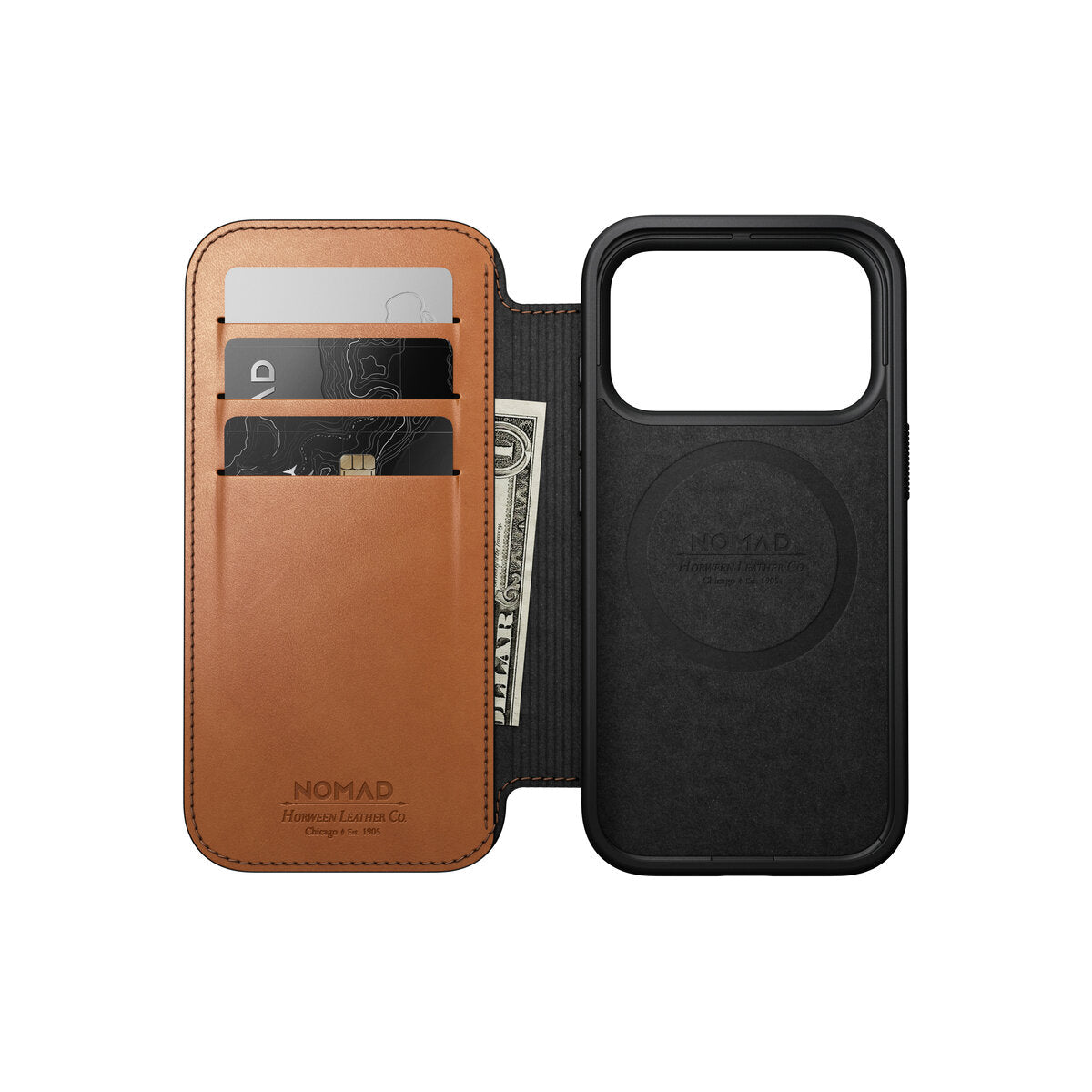 Kožené flipové pouzdro pro iPhone 18 Pro/17 Pro Nomad Modern Leather Folio Horween - saddle (hnědá)