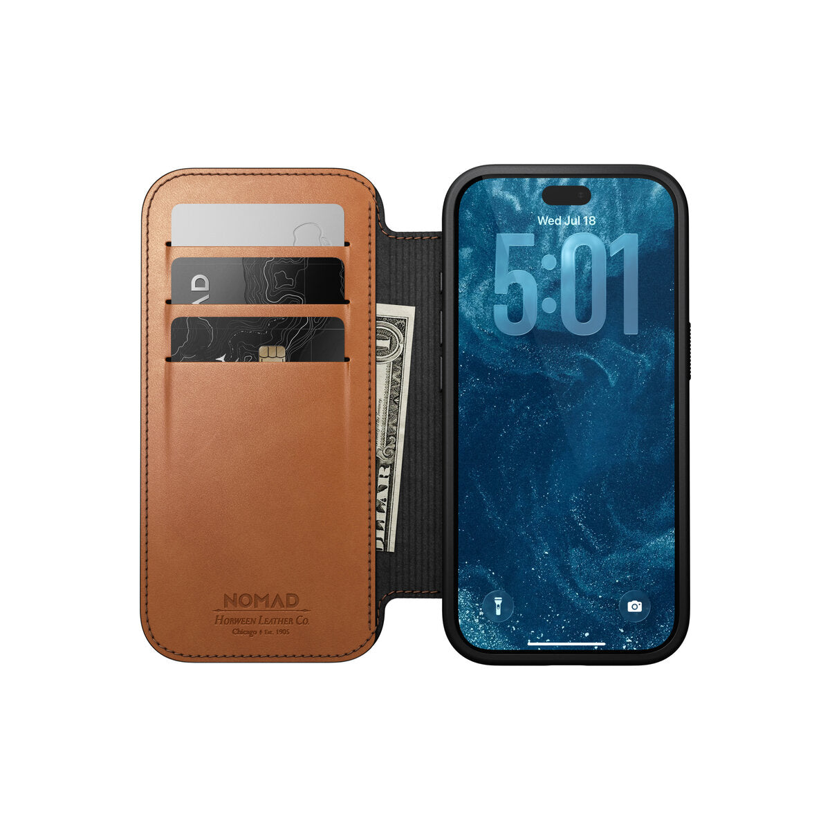 Kožené flipové pouzdro pro iPhone 18 Pro/17 Pro Nomad Modern Leather Folio Horween - saddle (hnědá)