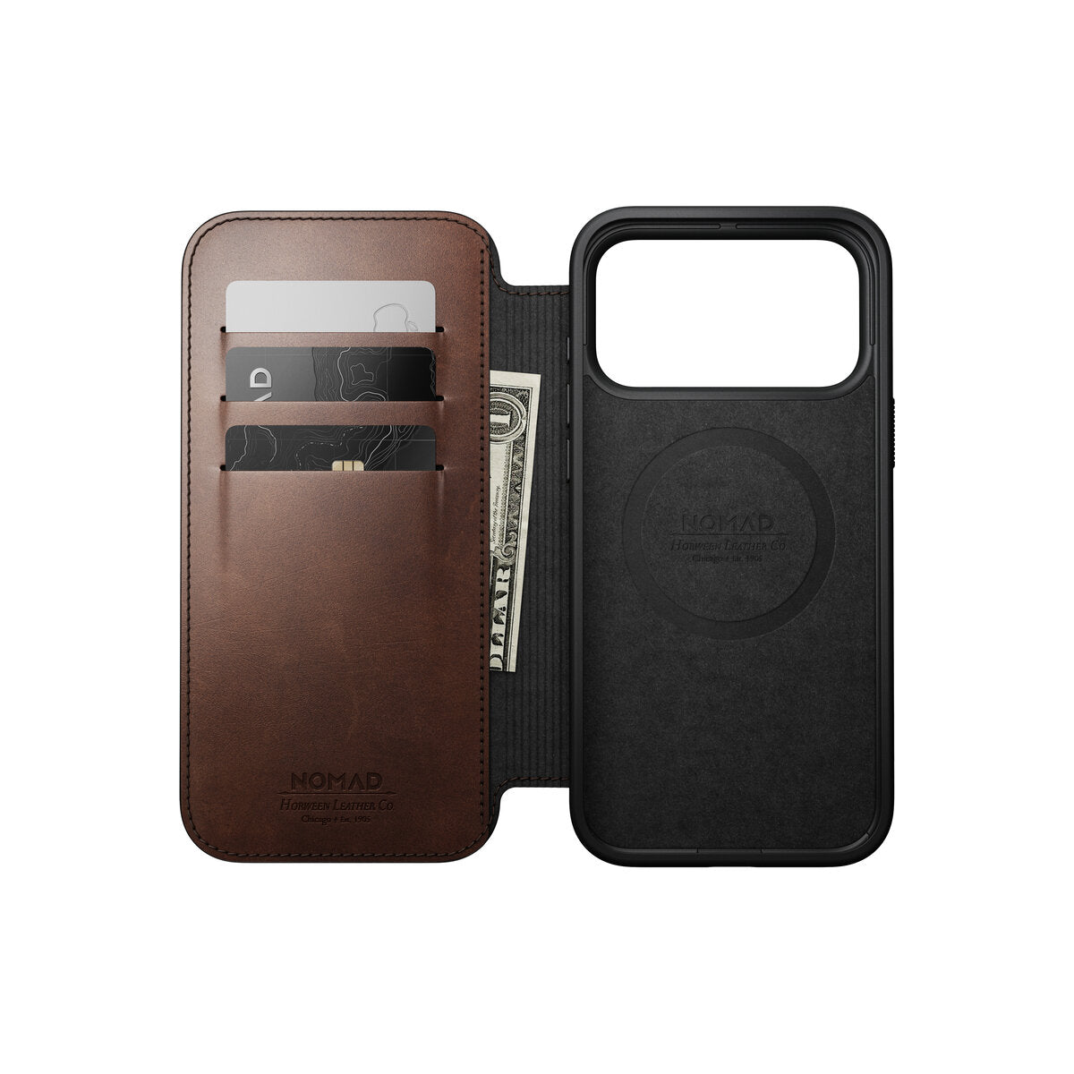 Kožené flipové pouzdro pro iPhone 18 Pro Max/17 Pro Max Nomad Modern Leather Folio Horween - rustic brown (tmavě hnědá)